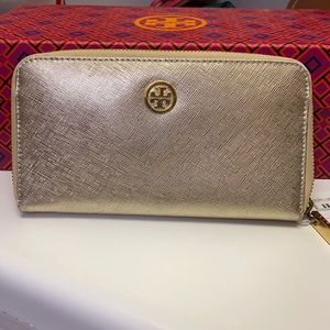 Tory Burch Metallic Gold Zip Around Wallet